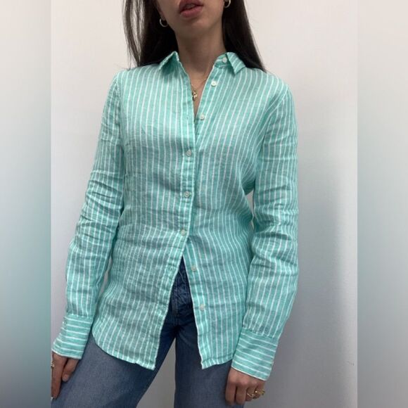 J. Crew Tops - Baird McNutt J. Crew Green Striped Irish Linen Shirt Perfect Fit Size 4T